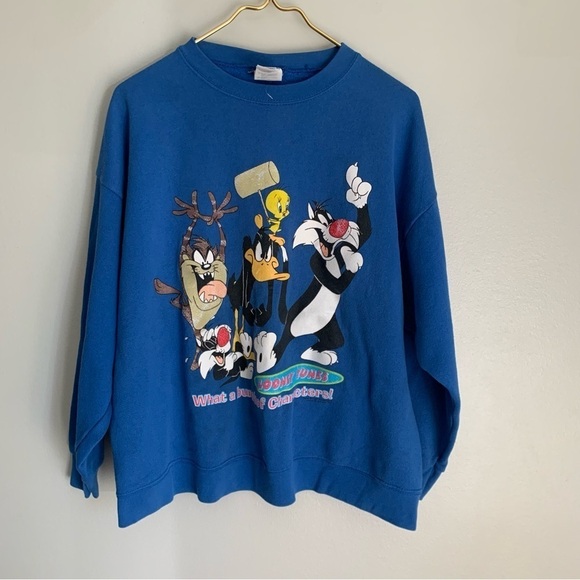 Vtg 90s 1997 Looney Tunes boxy crewneck sweatshirt blue L/XL - Picture 2 of 9